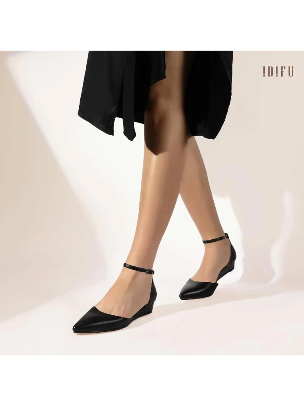 Women's Black PU Low Wedge Flats Closed Pointed Toe Adjustable Ankle Strap Shoes